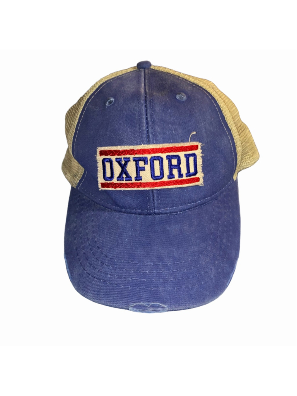 Men's Adams Oxford Distressed Trucker Hat One Size Blue and Beige NWT